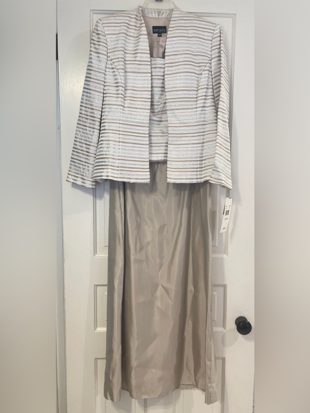 Xscape Two-Piece Taupe and Ivory Striped Jacket/Sleeveless Formal Gown